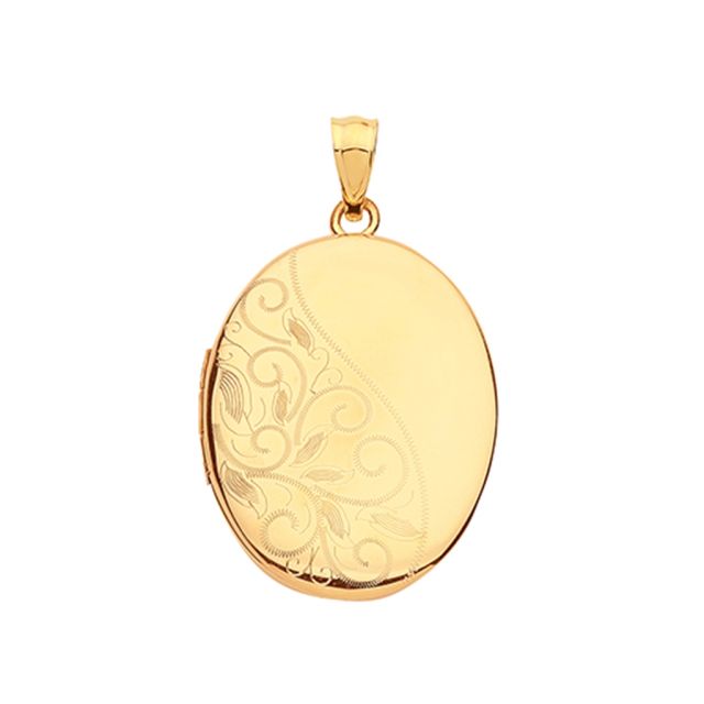 Buy 9ct Gold Elegant Half Patterned Engraved Oval Locket On A Belcher Necklace by World of Jewellery