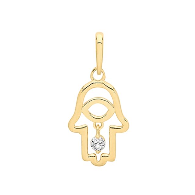 Buy 9ct Gold Hamsa With Dangle Cubic Zirconia Charm Pendant On A Belcher Necklace by World of Jewellery