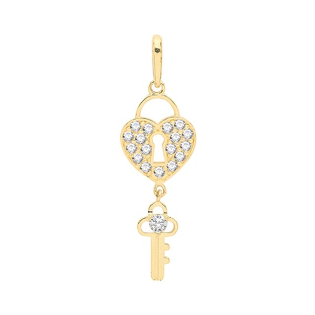 Buy 9ct Gold Cubic Zirconia Key and Heart Lock Pendant On A Belcher Necklace by World of Jewellery