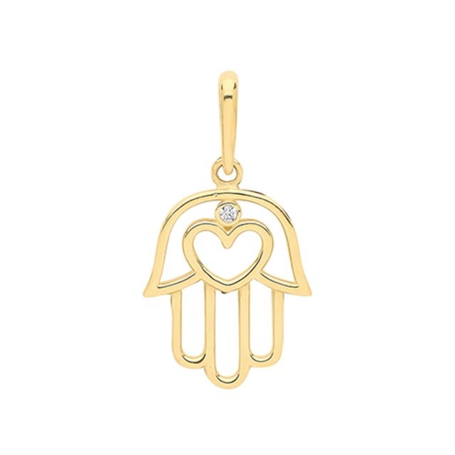 Buy 9ct Gold Hamsa Cubic Zirconia and Heart Pendant On A Belcher Necklace by World of Jewellery