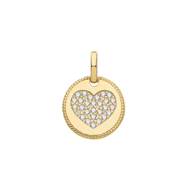 Buy 9ct Gold Small Cubic Zirconia Heart Fancy Edge Round Pendant On A Belcher Necklace by World of Jewellery