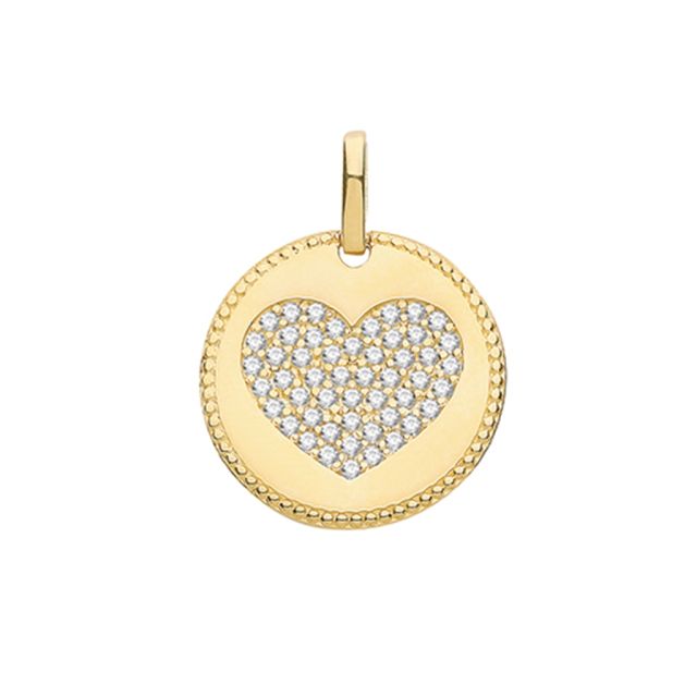 Buy 9ct Gold Large Cubic Zirconia Heart Fancy Edge Round Pendant On A Belcher Necklace by World of Jewellery