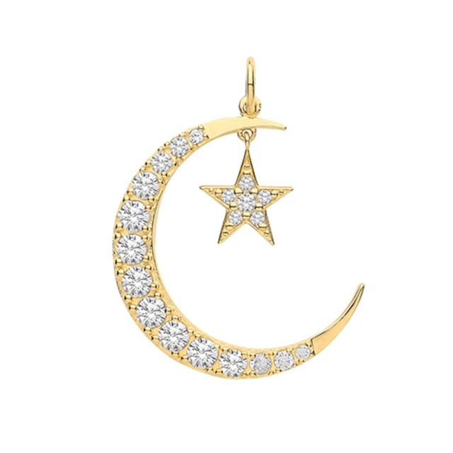 Buy Children's 9ct Gold Cubic Zirconia Encrusted Moon and Star Pendant On A Prince of Wales Necklace by World of Jewellery