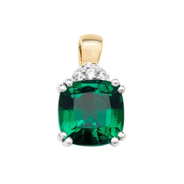Buy Men's 9ct Gold Created Emerald and White Sapphire Claw Set Cushion Pendant On A Curb Necklace by World of Jewellery