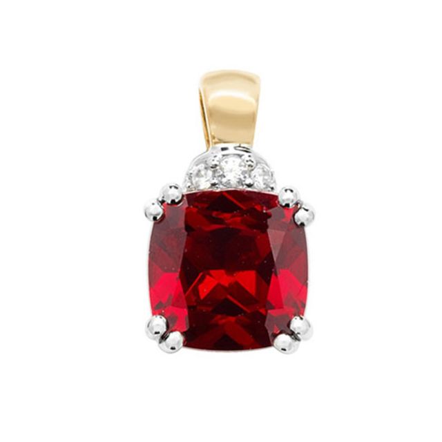 Buy Men's 9ct Gold Created Ruby and White Sapphire Claw Set Cushion Pendant On A Curb Necklace by World of Jewellery