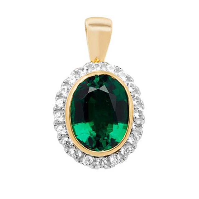 Buy 9ct Gold Created Emerald and White Sapphire Oval Pendant On A Belcher Necklace by World of Jewellery