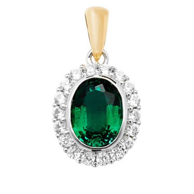 Buy 9ct Gold Created Emerald and White Sapphire Edge Oval Pendant On A Belcher Necklace by World of Jewellery