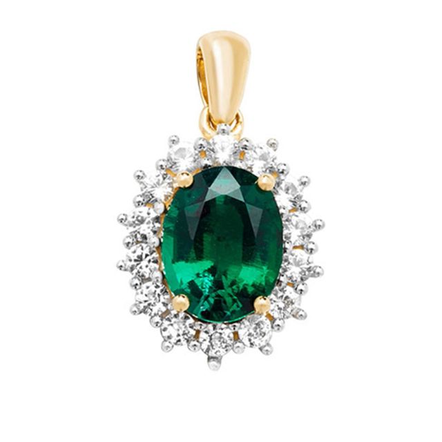 Buy 9ct Gold Claw Set Created Emerald and White Sapphire Edge Oval Pendant On A Belcher Necklace by World of Jewellery