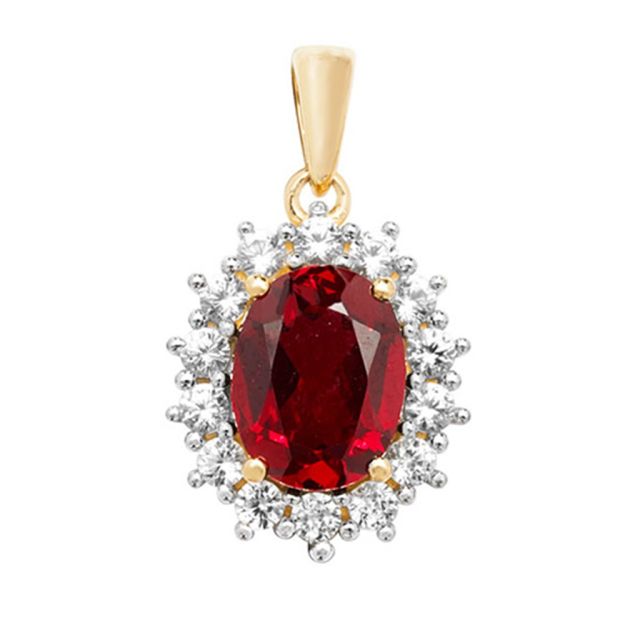 Buy 9ct Gold Claw Set Created Ruby and White Sapphire Edge Oval Pendant On A Belcher Necklace by World of Jewellery