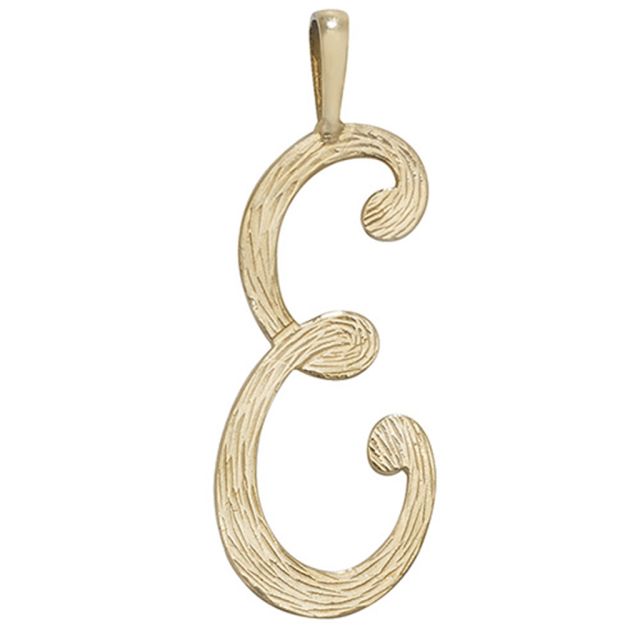 Buy 9ct Gold Bark Patterned Script Initial E Pendant On A Belcher Necklace by World of Jewellery