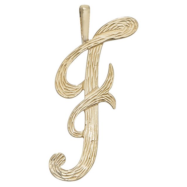 Buy 9ct Gold Bark Patterned Script Initial F Pendant On A Belcher Necklace by World of Jewellery
