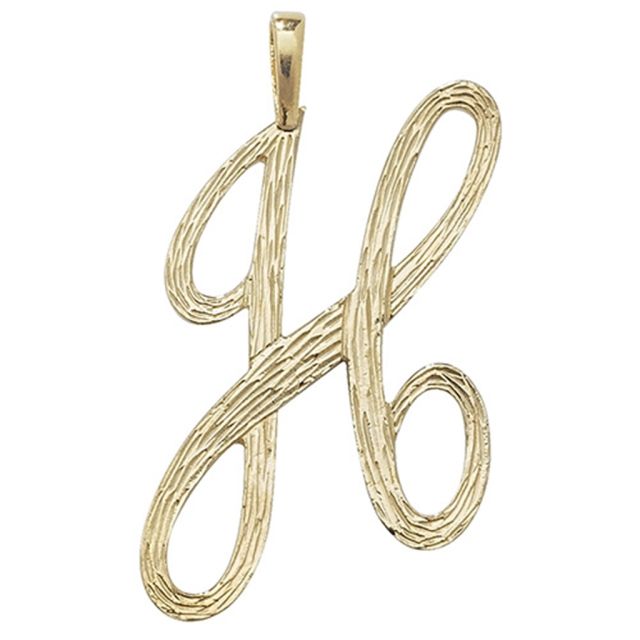 Buy 9ct Gold Bark Patterned Script Initial H Pendant On A Belcher Necklace by World of Jewellery