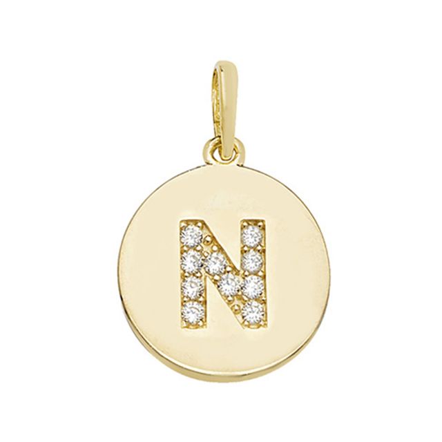 Buy 9ct Gold Round Cubic Zirconia Initial N Pendant On A Belcher Necklace by World of Jewellery