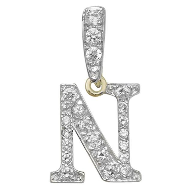 Buy Men's 9ct Gold Cubic Zirconia Initial N Pendant On A Curb Necklace by World of Jewellery