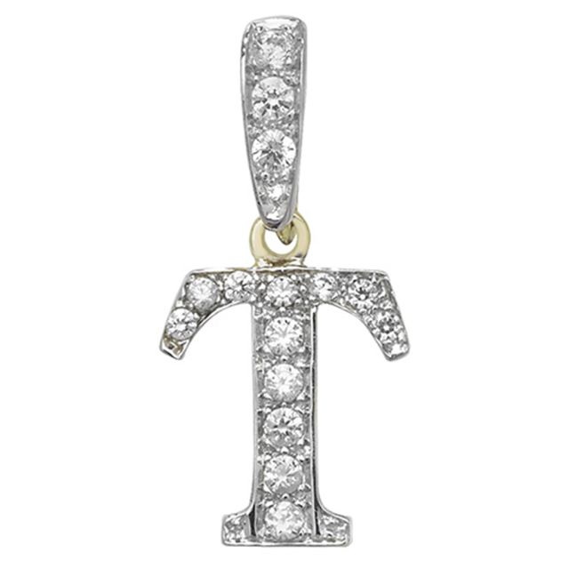 Buy Men's 9ct Gold Cubic Zirconia Initial T Pendant On A Curb Necklace by World of Jewellery