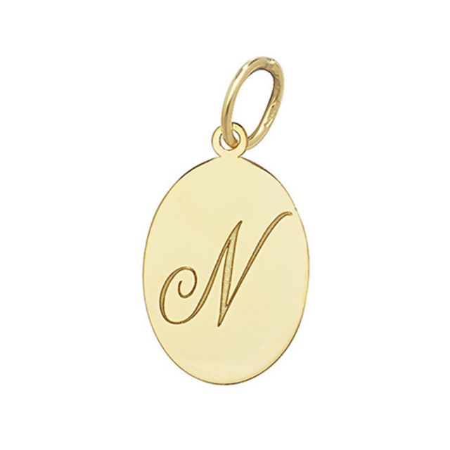 Buy Men's 9ct Gold Plain Oval Disk Initial N Pendant On A Curb Necklace by World of Jewellery