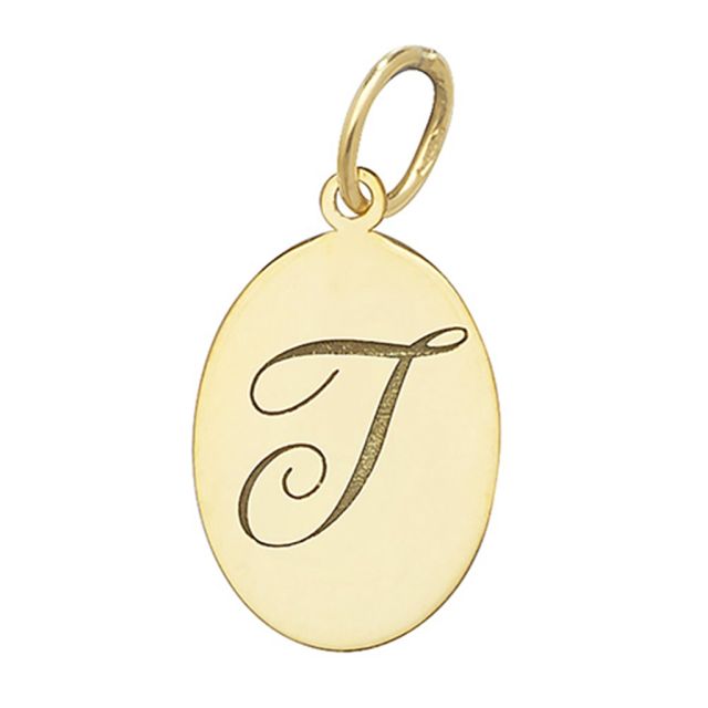 Buy Men's 9ct Gold Plain Oval Disk Initial T Pendant On A Curb Necklace by World of Jewellery