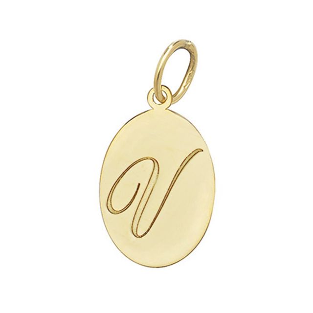 Buy Men's 9ct Gold Plain Oval Disk Initial V Pendant On A Curb Necklace by World of Jewellery