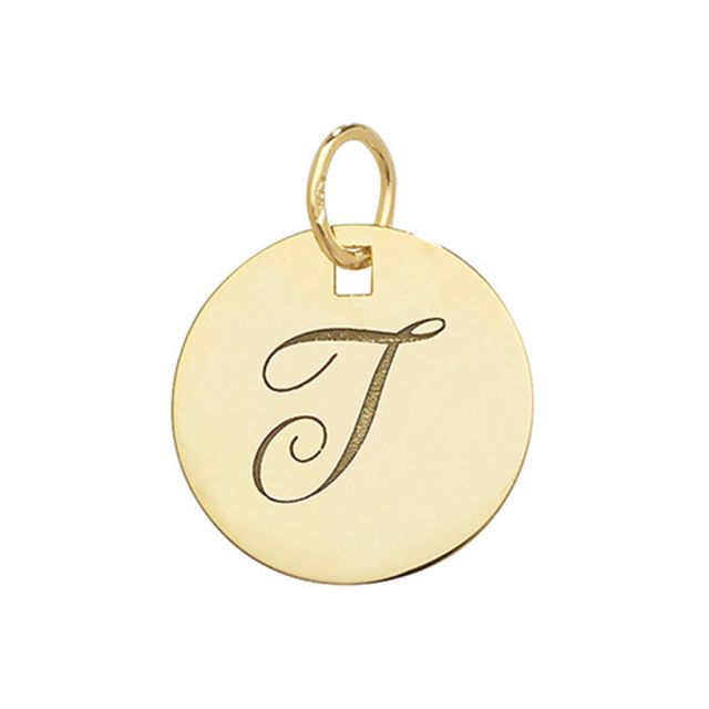 Buy 9ct Gold Plain Round Disk Initial T Pendant On A Belcher Necklace by World of Jewellery