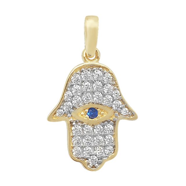 Buy 9ct Gold Cubic Zirconia Evil Eye Hamsa Pendant On A Belcher Necklace by World of Jewellery