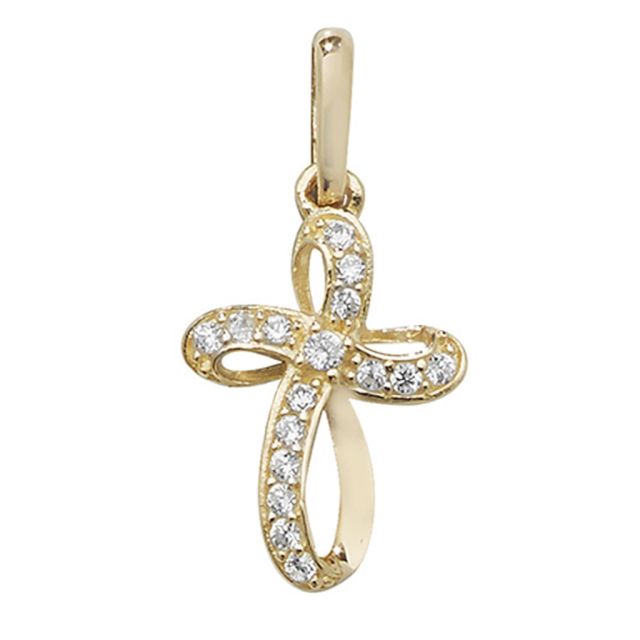 Buy 9ct Gold Small Twisted Cubic Zirconia Fancy Set Cross Pendant On A Belcher Necklace by World of Jewellery