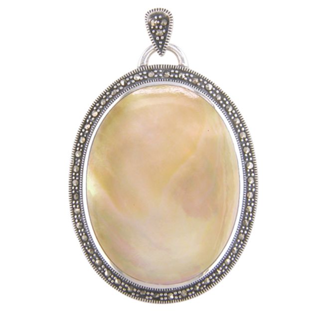 Buy Sterling Silver Large Marcasite Yellow Shell Oval Locket On A Snake Necklace by World of Jewellery