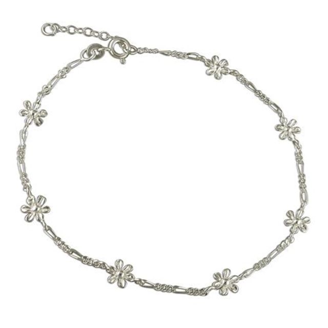 Buy Sterling Silver Figaro And Flowers Anklet by World of Jewellery