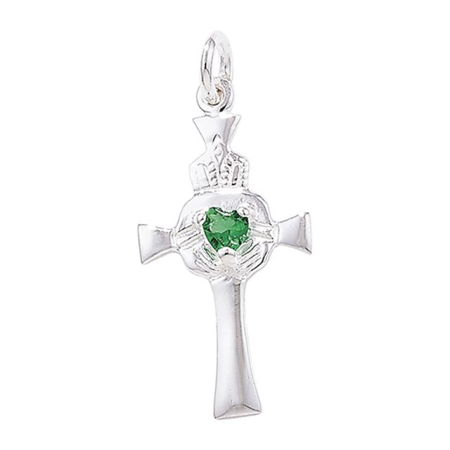 Buy Sterling Silver Claddagh Cross with Green Agate Pendant by World of Jewellery