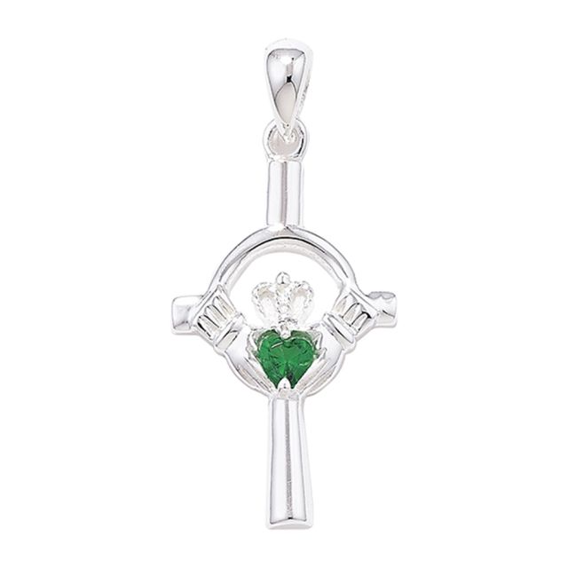 Buy Sterling Silver Claddagh Cross with Green Agate Pendant by World of Jewellery