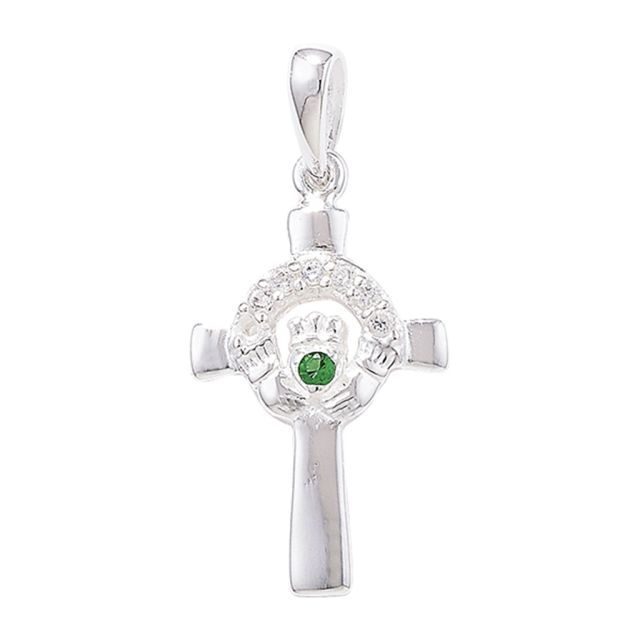 Buy Sterling Silver Claddagh Cross with Green Agate Pendant by World of Jewellery