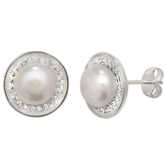 Buy Sterling Silver Pearl & Cubic Zirconia Round Stud Earrings by World of Jewellery