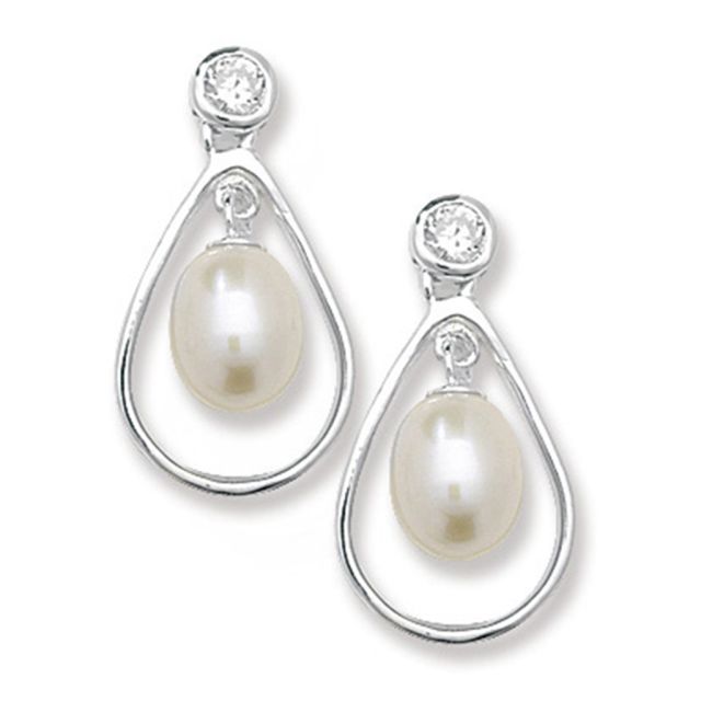 Buy Sterling Silver Pearl & Cubic Zirconia Drop Earrings by World of Jewellery