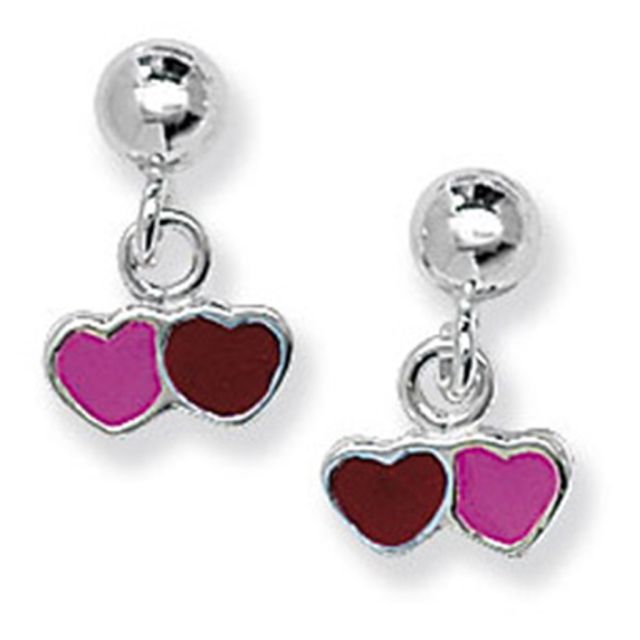 Buy Childrens Sterling Silver Pink & Red Double Heart Drop Earrings by World of Jewellery