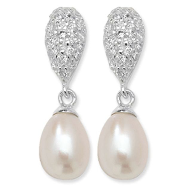 Buy Sterling Silver Pearl & Cubic Zirconia Drop Earrings by World of Jewellery