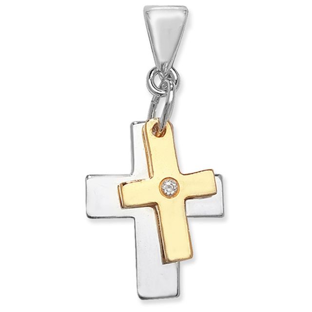 Buy Sterling Silver & Gold Plated Double Cross With Cubic Zirconia Pendant by World of Jewellery