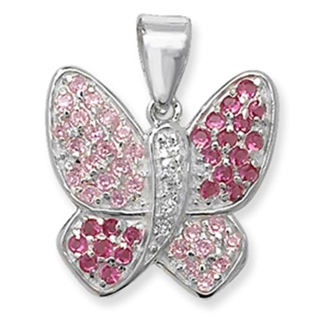 Buy Sterling Silver Pink & White Cubic Zirconia Butterfly Pendant by World of Jewellery