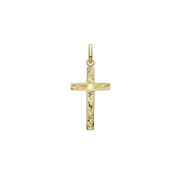 Boys 9ct Gold 24mm Semi Solid Engraved Cross Pendant