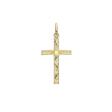 Boys 9ct Gold 27mm Semi Solid Engraved Cross Pendant