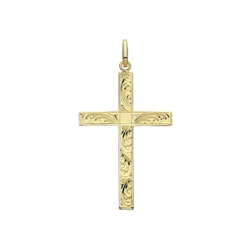Boys 9ct Gold 36mm Semi Solid Engraved Cross Pendant