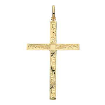 Boys 9ct Gold 50mm Semi Solid Engraved Cross Pendant