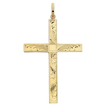 Boys 9ct Gold 52mm Semi Solid Engraved Cross Pendant