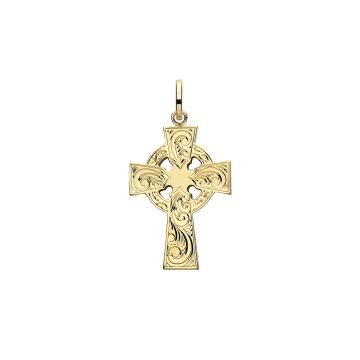 Boys 9ct Gold 27mm Semi Solid Celtic Engraved Cross Pendant