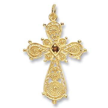 Boys 9ct Gold 37mm Filigree Garnet Set Cross Pendant