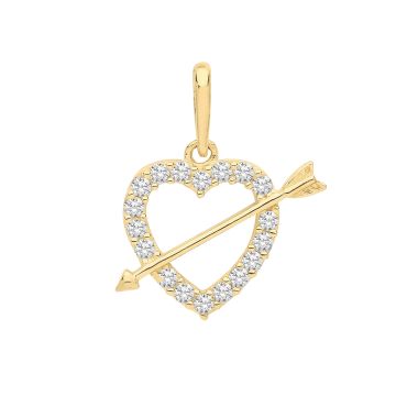 Boys 9ct Gold 11mm Cubic Zirconia Open Heart and Arrow Pendant