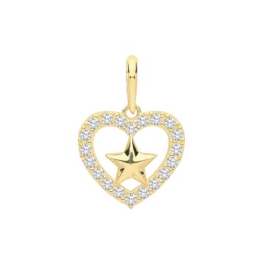 Boys 9ct Gold 11mm Cubic Zirconia Open Heart and Star Pendant