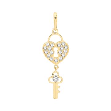 9ct Gold 24mm Cubic Zirconia Heart Lock and Key Pendant