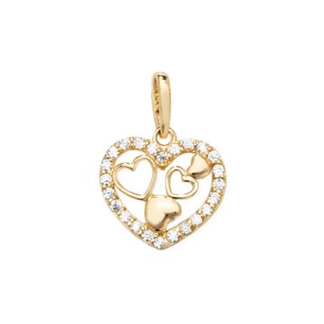Boys 9ct Gold 10mm Cubic Zirconia Heart In Heart Pendant