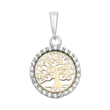 Boys 9ct White And Yellow Gold 14mm Round Cubic Zirconia Tree Of Life Pendant