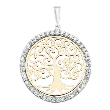 Boys 9ct White And Yellow Gold 25mm Round Cubic Zirconia Tree Of Life Pendant