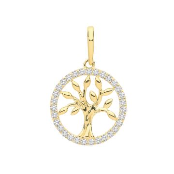 Boys 9ct Gold 13mm Round Cubic Zirconia Tree Of Life Pendant